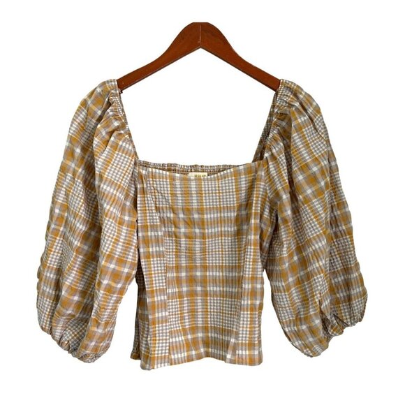 Anthropologie Maeve Plaid Blouses Puff Sleeves Cropped Size Med - Picture 4 of 10